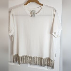 Joie 100% cotton womens top M short sleave crew neck ivory sequin fringe bottom
